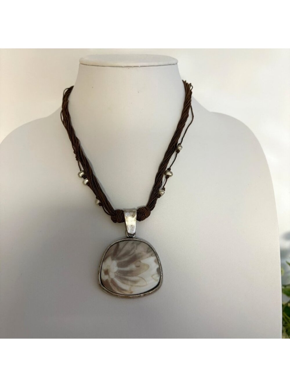 Coldwater Creek Brown Multi-Strand Twisted Cord Necklace Floral Pendant Boho